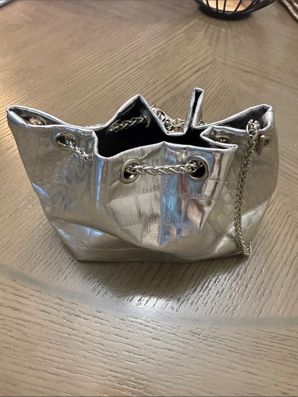 Silver Metallic Drawstring Bucket Bag with Chain Strap - Picture 2 of 3